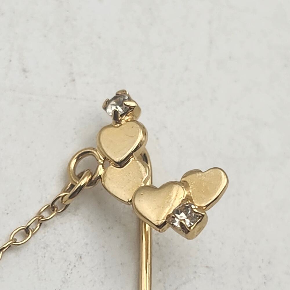 Vintage Gold Tone Heart Rhinestone Stick Pin Lapel Hat Tie Brooch Chain Clutch